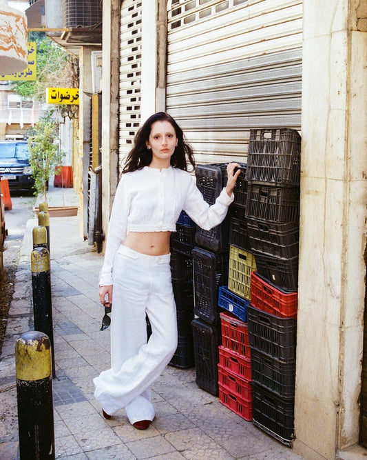 Paloma Top white linen cropped top worn as a set with Paloma Trouser Ant Elias