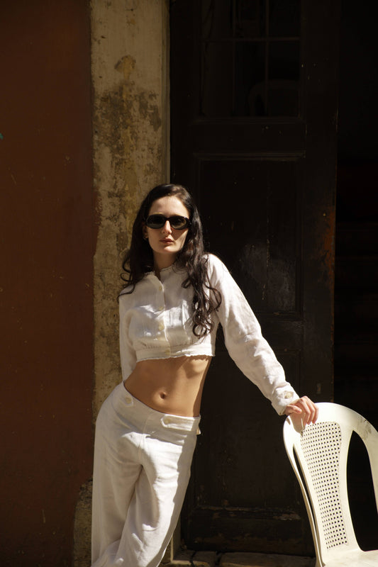 White linen cropped top with lace rope trim Ant Elias

