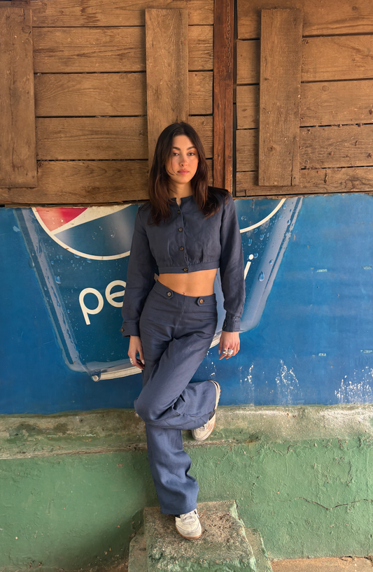 Navy blue linen cropped top Ant Elias